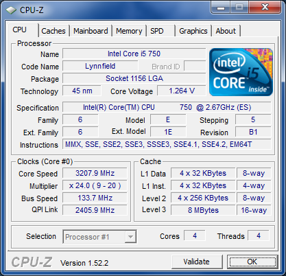 CPUZ i5-750 turbo boost