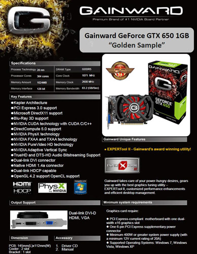 Gainward GTX 650 Golden Sample fiche [cliquer pour agrandir]