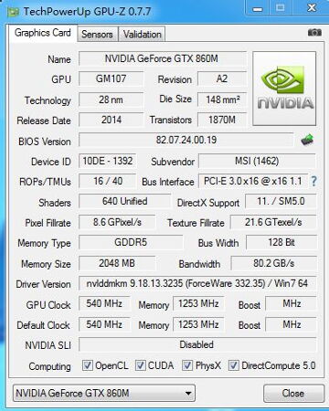 GTX 860M sous GPU-Z