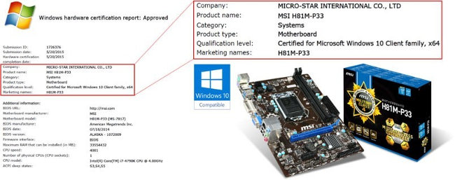 MSI H81M-P33 certifiée Windows 10