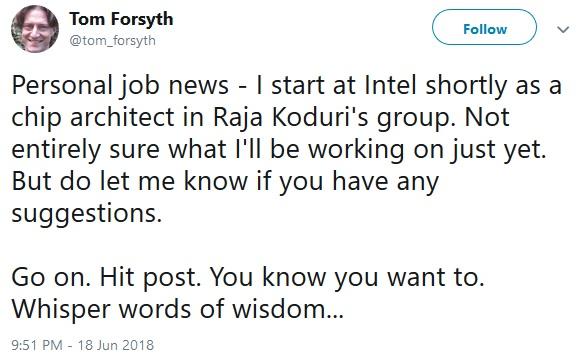 tom forsyth rejoint intel twitter