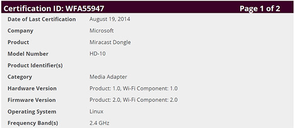 Microsoft Miracast Dongle HD-10
