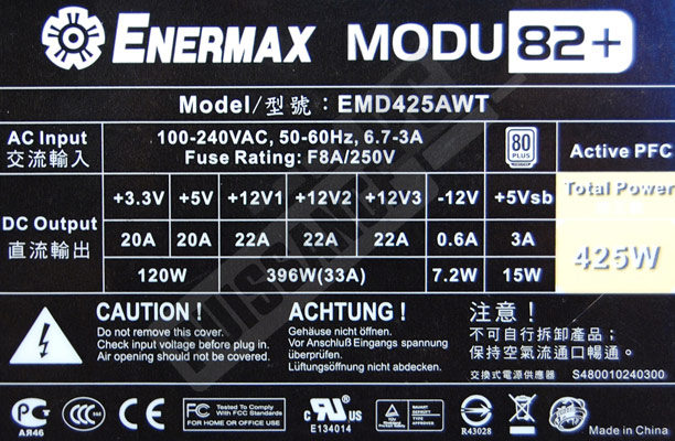 puissance pc test alimentation enermax modu82 425w