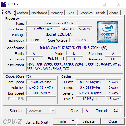 CPU-Z Core i7-8700K turbo tous coeurs