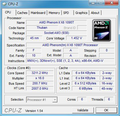 CPUZ Phenom II X6 1090T fréquence