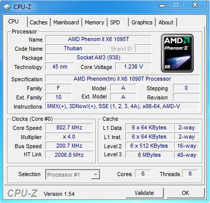 CPUZ Phenom II X6 1090Tfréquence eco
