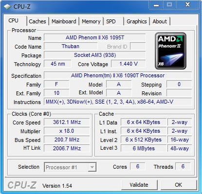 CPUZ Phenom II X6 1090T fréquence turbo