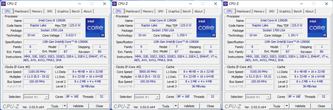 CPU-Z: Les fréquences du Core i9-13900K [cliquer pour agrandir]