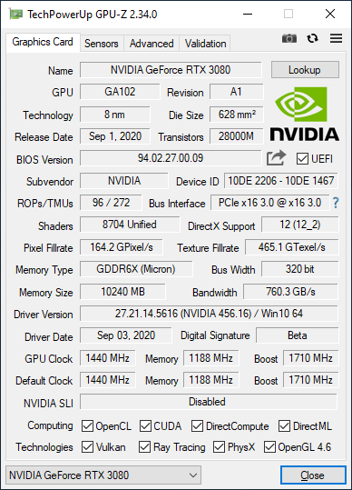 GPU-Z GeForce RTX 3080 Founder [cliquer pour agrandir]