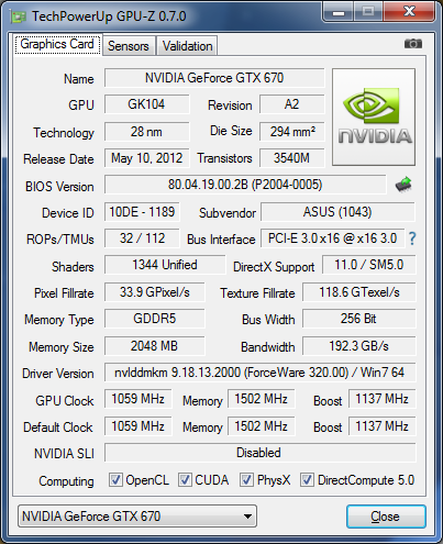 GPU-Z Asus GTX 670 Direct CU II TOP