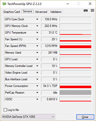 GPU-Z Asus Phoenix GTX 1050 : fréquences au repos
