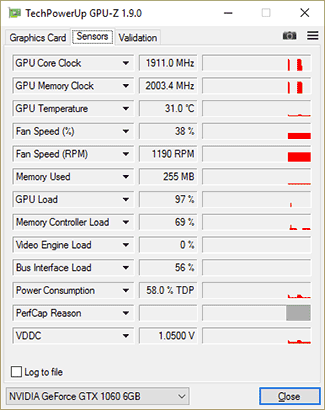 GPU-Z GTX 1060 : fréquences en charge (max)