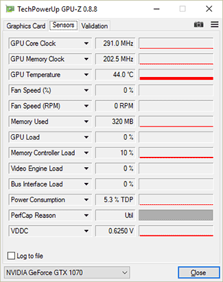 GPU-Z Asus GTX 1070 Strix Gaming : fréquences au repos