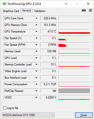 GPU-Z Asus GTX 1080 Strix Gaming : fréquences au repos