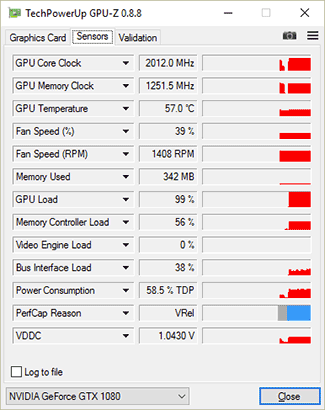 GPU-Z Asus GTX 1080 Strix Gaming : fréquences boost max