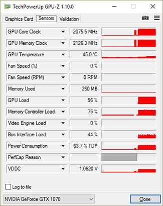 GPU-Z Gainward GTX 1070 Phoenix GLH : Boost Max.