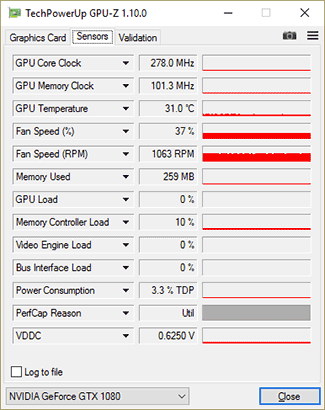 GPU-Z KFA² GTX 1080 HOF : fréquences au repos