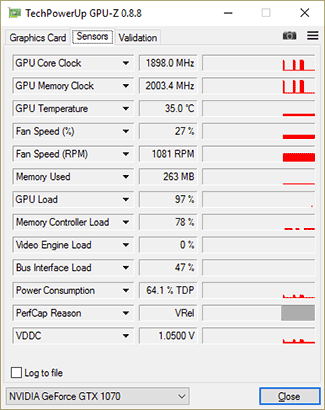 GPU-Z : Fréquences max. GTX 1070 FE