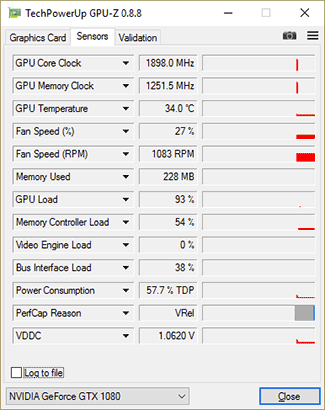 GPU-Z : Fréquences max. GTX 1080 FE