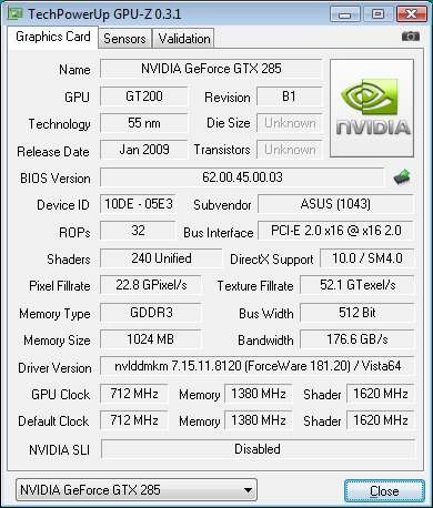 Dossier Geforce GTX 285 et 295 screen GPUZ GTX 285 Asus Ultimate Edition