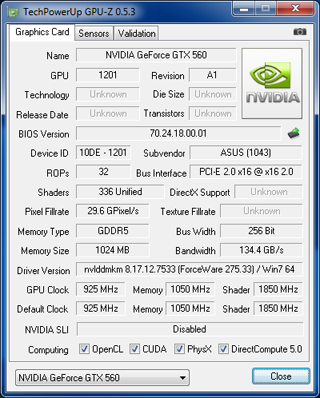 GPUZ Asus ENGTX 560 DirectCU II TOP [cliquer pour agrandir]