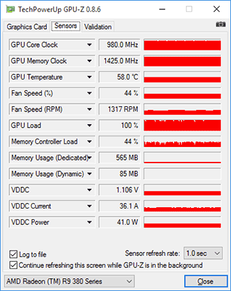 GPU-Z Gigabyte R9 380X G1 Gaming fréquences en charge