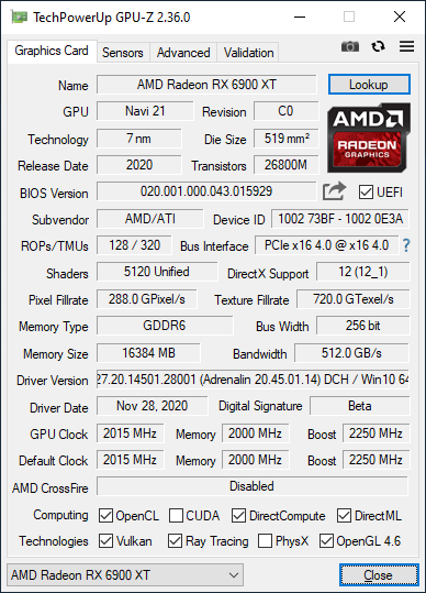 GPU-Z Radeon RX 6900 XT
