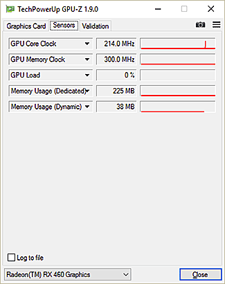 GPU-Z XFX RX 460 DD : fréquences au repos