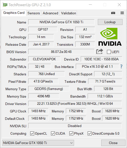 GPU-Z - GTX 1050 Ti