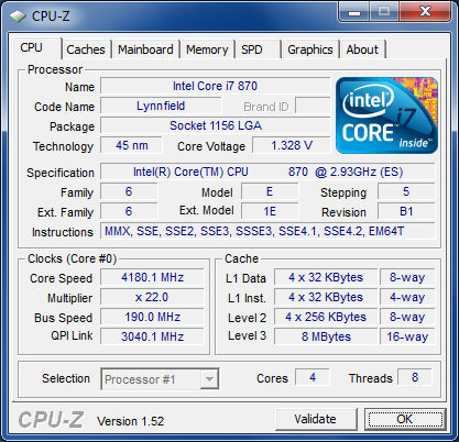 CPUZ Core i7-870 4,18GHz