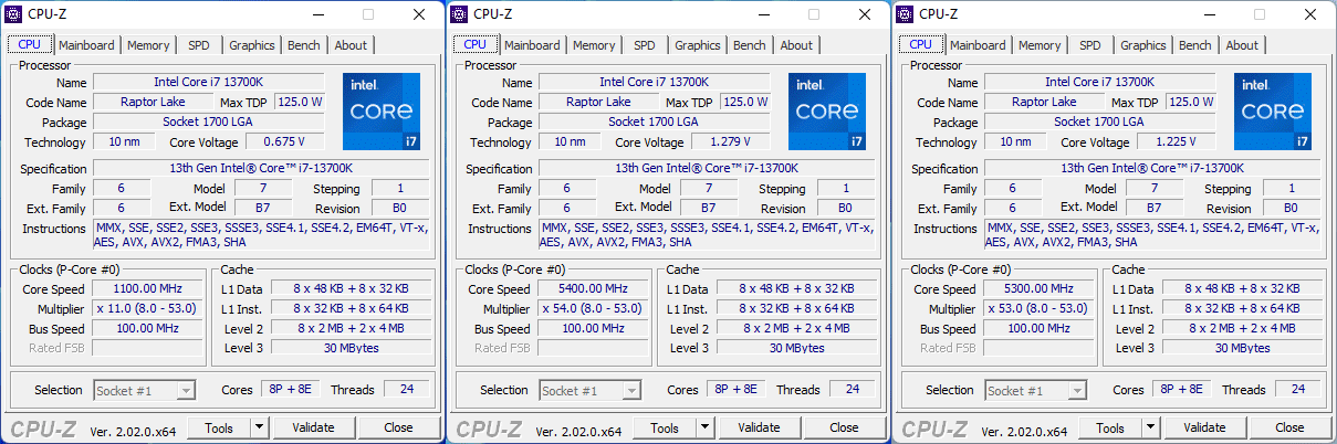 CPU-Z: Les fréquences du Core i7-13700K
