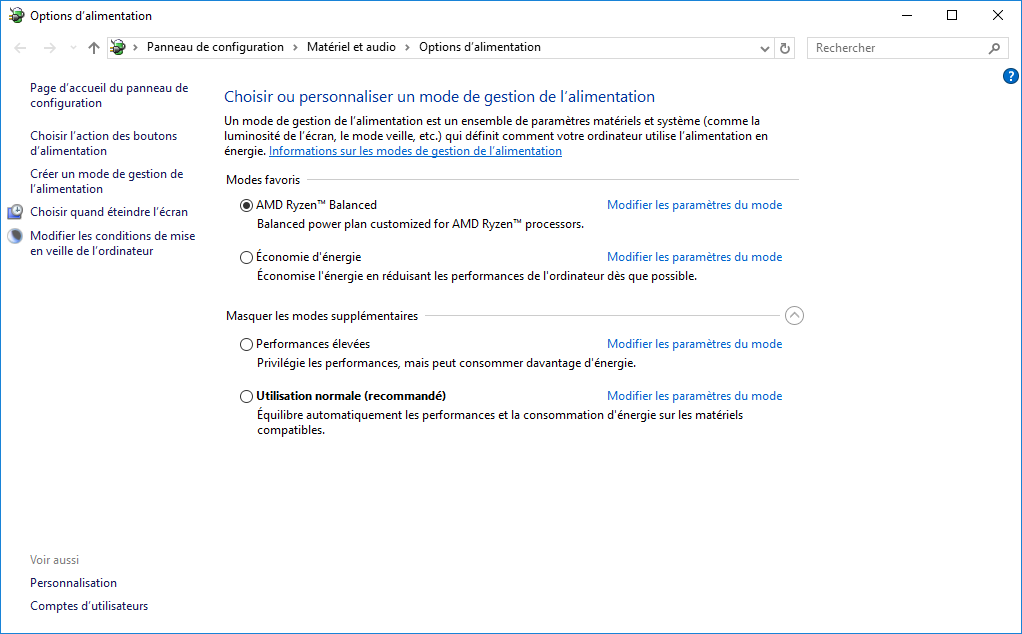 Profil d'alimentation Windows 10 Balanced pour Ryzen