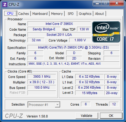 CPUZ Core i7-3960X fréquence turbo max.