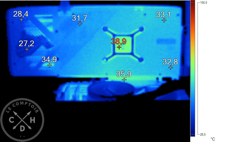 Image thermique de l'Asus ROG Strix RTX 4070 Ti Gaming au repos