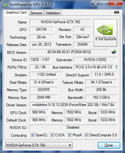 GPU-Z nVIDIA GeFORCE GTX 760