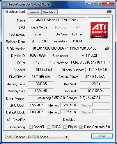 GPUZ AMD RADEON HD 7750 overclockée