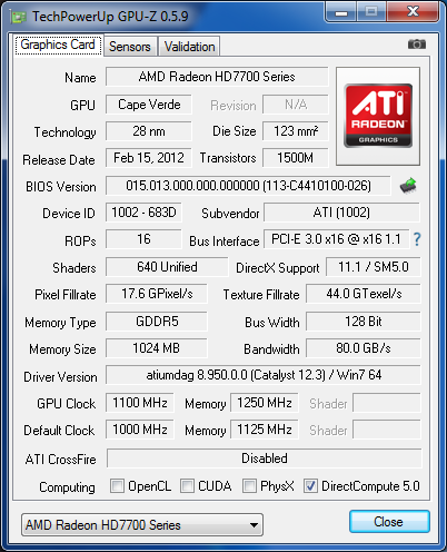 GPUZ AMD HD 7770 overclockée