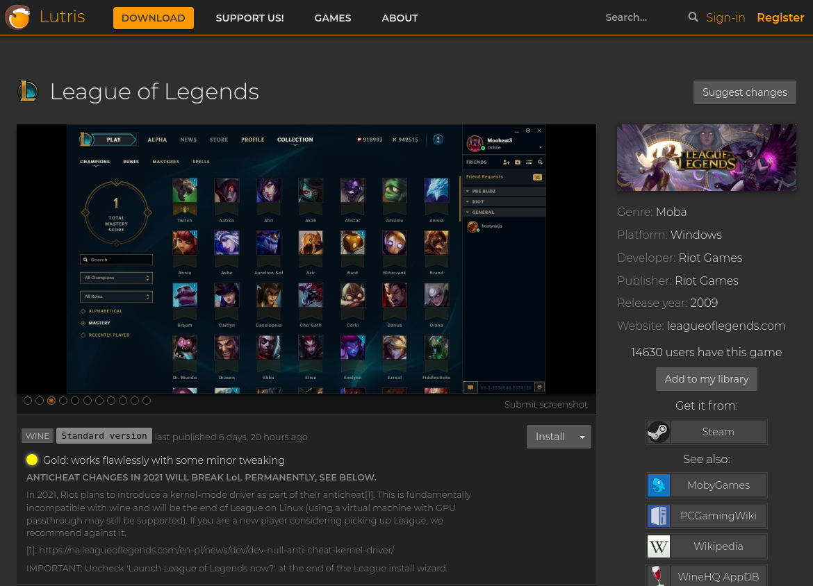 League of Legend : installation web