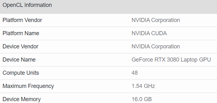 nvidia rtx 3080 mobile specifications geekbench