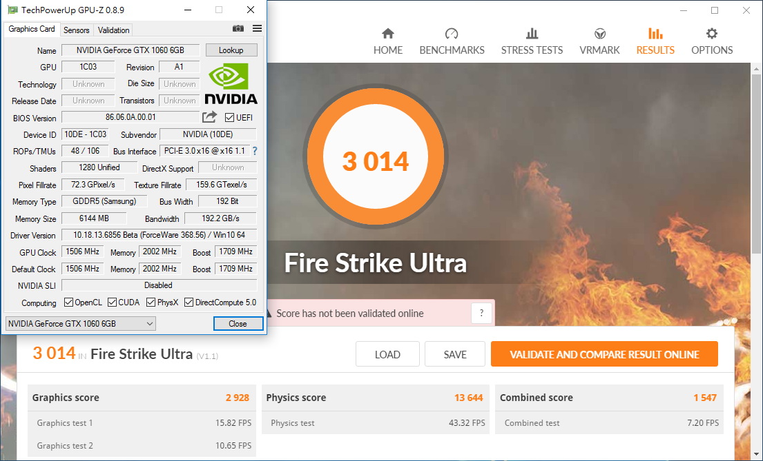GTX 1060 - 3DMark Fire Strike Ultra et GPU-Z
