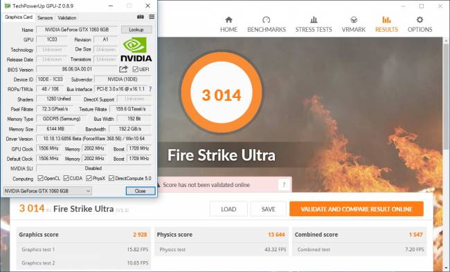 GTX 1060 - 3DMark Fire Strike Ultra et GPU-Z [cliquer pour agrandir]