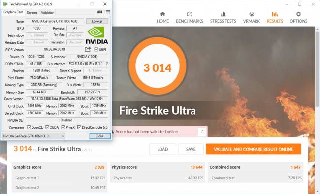 GTX 1060 - 3DMark Fire Strike Ultra et GPU-Z [cliquer pour agrandir]