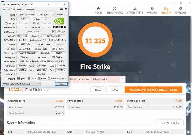 GTX 1060 - 3DMark Fire Strike et GPU-Z [cliquer pour agrandir]