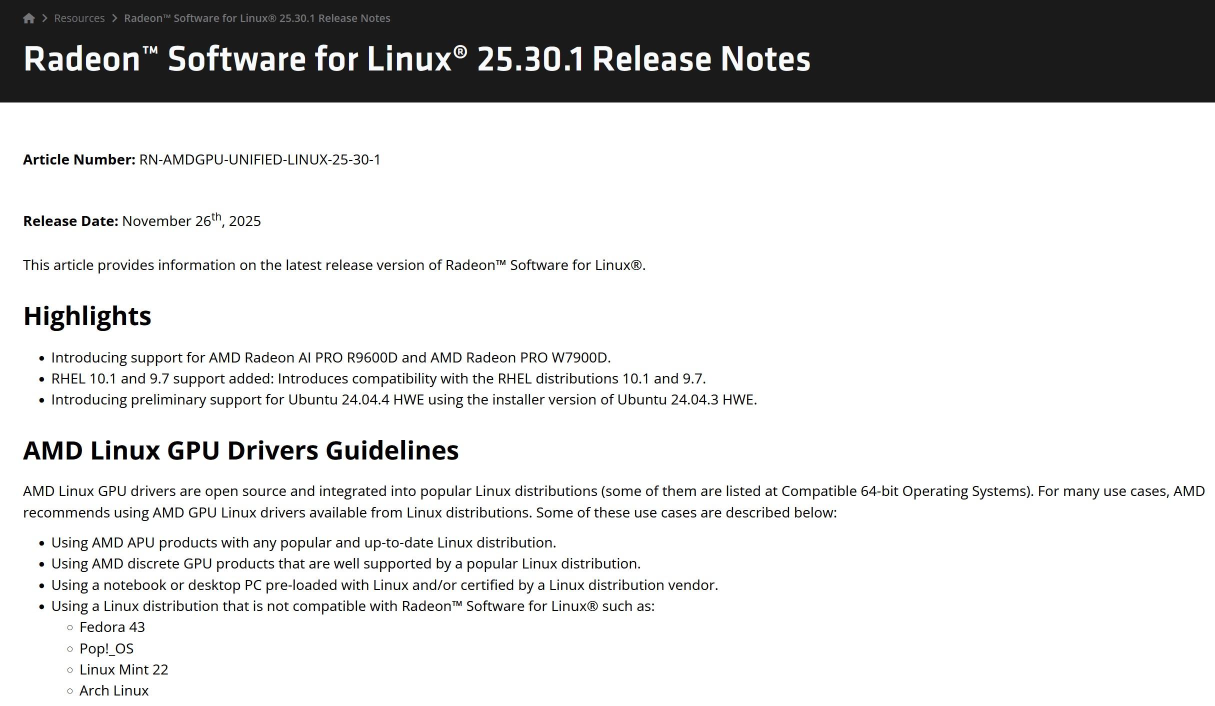 amd pilotes linux radeon ai pro r9600d w7900d