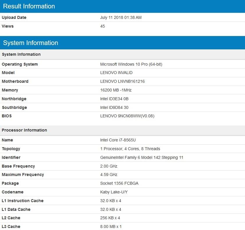 I7-8565U spécifications Geekbench