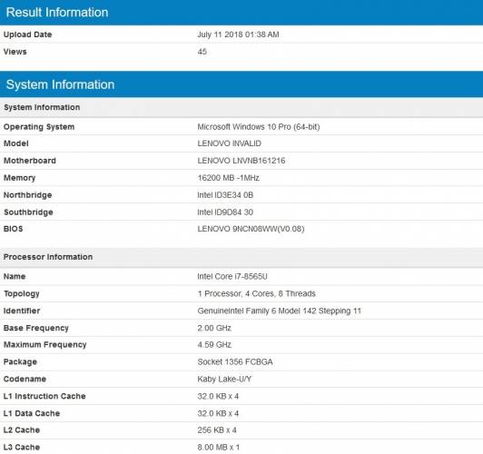 I7-8565U spécifications Geekbench [cliquer pour agrandir]