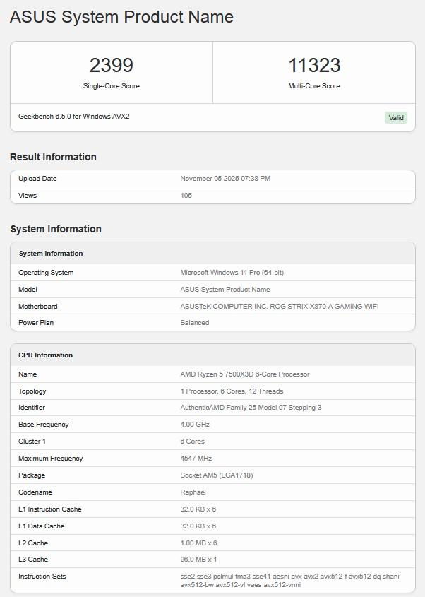geekbench ryzen 5 7500x3d
