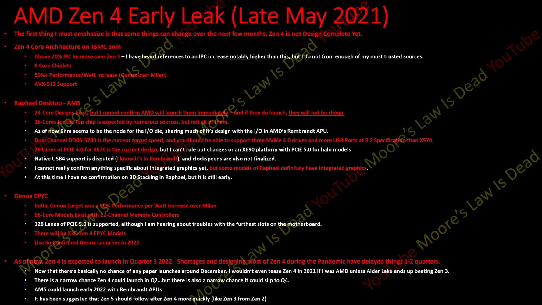 récapitulatif des rumeurs concernant Zen 4, par Moore's Law is Dead