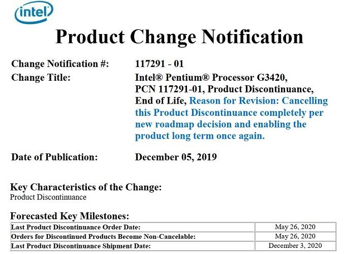 intel pentium g3420 product change notification