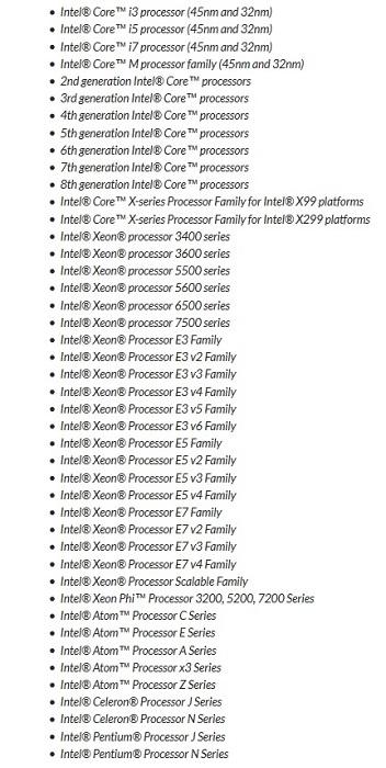 CPU Intel concernés par Meltdown et Spectre. 